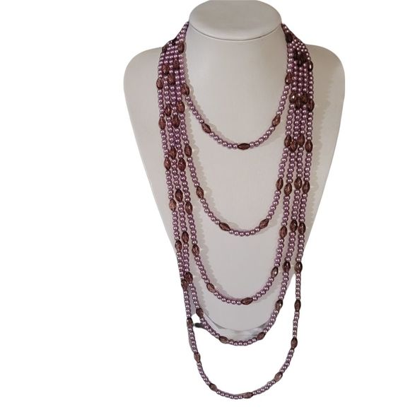 Mauve and Pink 6 Strand Faux Pearl and Glass Beads - Picture 1 of 4